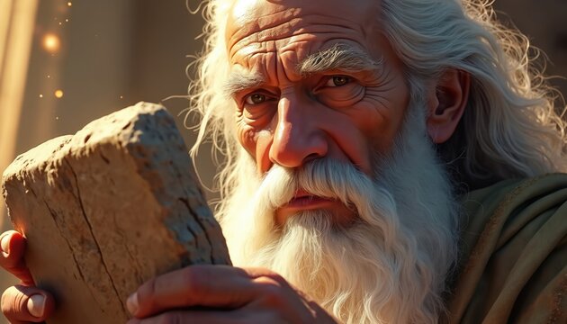 Old wise man with white beard holds stone tablet, looking serious. He wears simple robe. Spiritual ancient figure, patriarchal leader with long flowing hair, divine light in background.