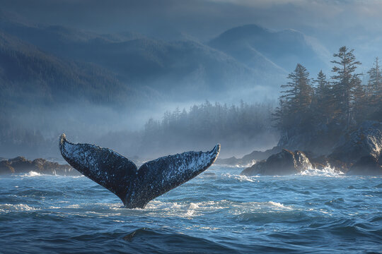 Whale tail emerging from ocean water with splash near rocky coastline and misty forested mountains in background during early morning light
