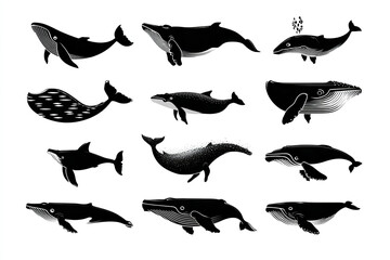 Obraz premium Whale silhouette collection with various marine wildlife shapes and styles in black and white, showing different whale species in dynamic swimming poses