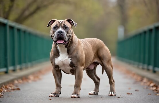 Muscular American Bully XL dog stands on a bridge path. This powerful breed has a muscular build. The dog looks alert, with its mouth slightly open.