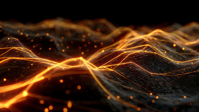 Light field visualization of 3D glowing wave nodes showing AI pattern and neural communication lines