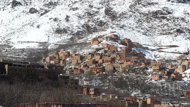 SET OF BUILDING ON WHITE MOUNTAIN IN IMLIL MOROCCO. THE POINT OF START TOUBKAL CLIMB.