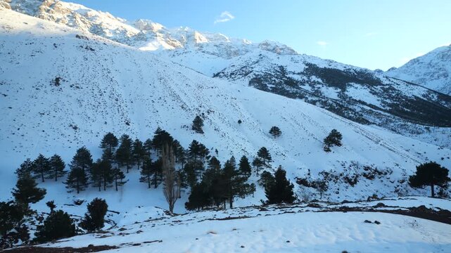 Large beautiful view of High Mountains in the national park of Toubkal. Imlil, Atlas Mountains, Morocco.