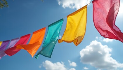 Colorful fabric flags flutter on a line against a bright blue sky with fluffy clouds. Sunlight shines through the translucent material creating a lively and festive atmosphere.