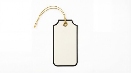 Blank white tag with black border and gold string on white background.