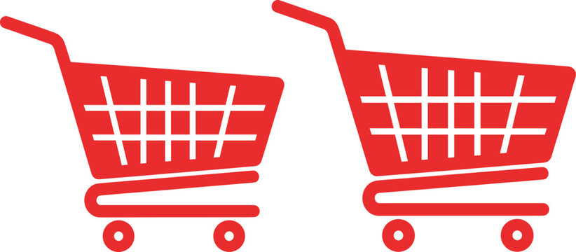 Red shopping cart icons set representing ecommerce retail purchase online store and consumer buying concept in flat vector style