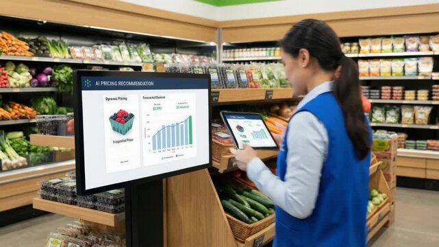 AI for small business employee checks tablet and digital pricing screen supermarket produce aisle showing pricing, inventory and demand chart