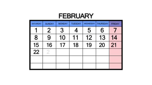 The calendar of February month 10th day is red circled, looped animation. A very important date in the calendar. Signing a day on a calendar. white background
