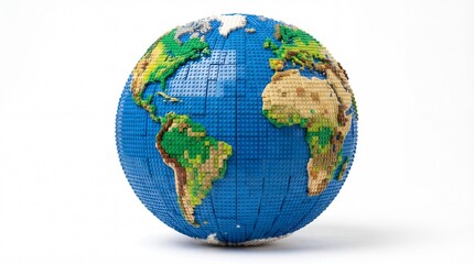 Fototapeta premium Detailed Lego Earth Globe Model on White Background.