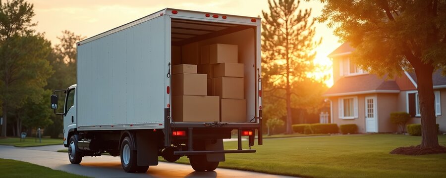 Box filled moving truck sits in driveway of suburban home at sunset. Ready for relocation day family belongings loaded in vehicle. Neighborhood transition day begins.