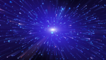 Fototapeta premium Abstract blue light trails zooming from center point with high speed motion blur on dark background.