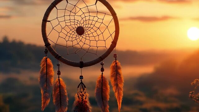 traditional dreamcatcher silhouette with orange feathers hangs against a misty sunrise over a forest valley. Warm golden light illuminates the web and surroundings.