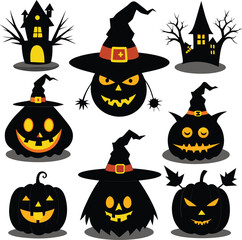 Halloween-themed illustrations featuring jack-o'-lanterns and witch hats