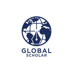 Professional globe with pen nib icon logo for international education program or global journalism agency services named Global Scholar