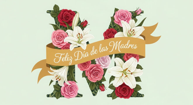 Inicial m may&uacute;scula decorada con rosas y lirios naturales sobre fondo verde claro para tarjeta de felicitaci&oacute;n del d&iacute;a de la madre