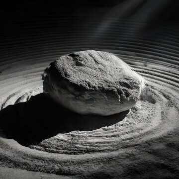 Single Zen Stone on Raked Sand with Dramatic Light and Shadow in Minimal Japanese Rock Garden