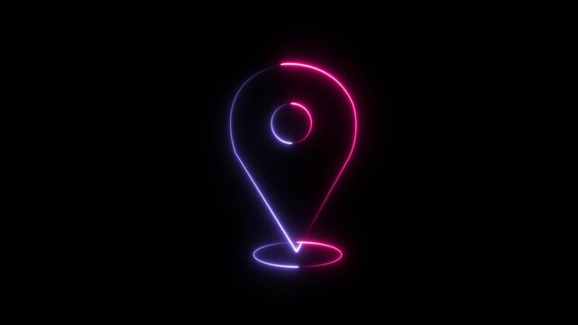 Neon heart location pin glowing pink and blue on black background abstract digital love map symbol