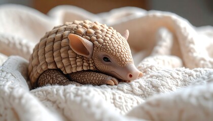 Obraz premium A small, armadillo-like creature rests nestled on a soft, cream-colored, textured blanket, basking in the warm glow
