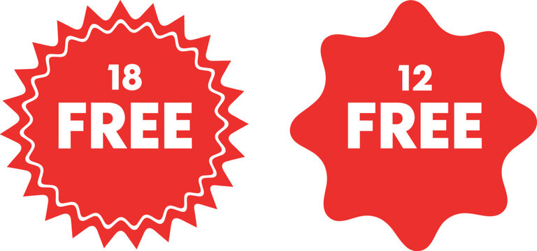 Red free offer badge labels with numbers 18 and 12 in bold starburst promotional sticker style