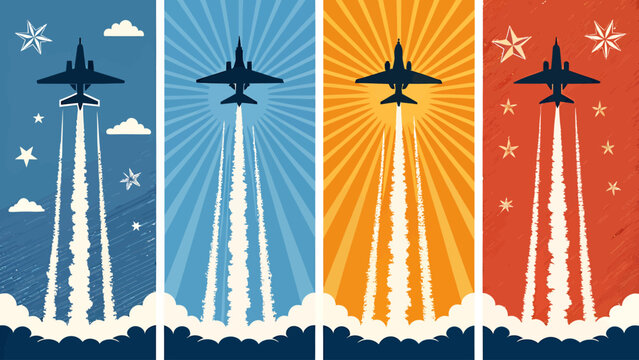 Four fighter jets launching into colorful skies with contrails and stars
