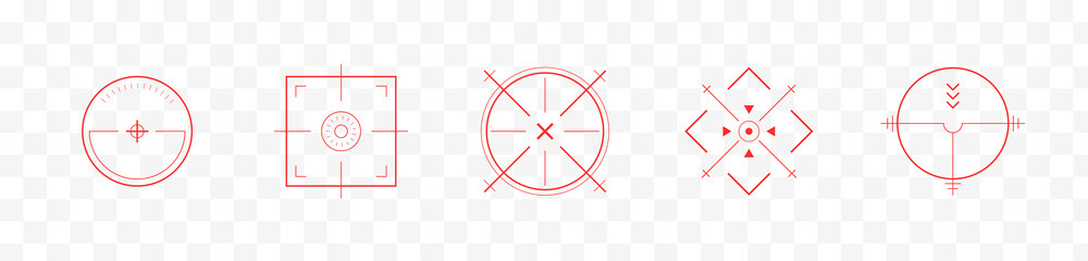 Crosshair Hud red. Cyber combat game interface with navigation. Precision aiming for futuristic shooter design. Tactical tech panels. Modern Vector illustration.