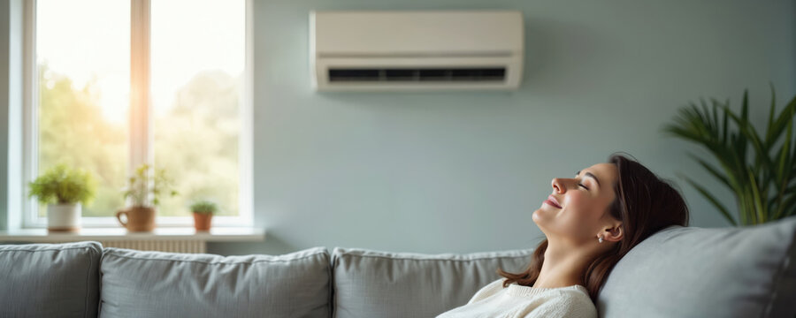Young woman enjoys cool air from air conditioner while relaxing on sofa in a modern apartment. She smiles with eyes closed, feeling refreshed by the comfortable indoor climate on a warm day.