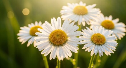 Obraz premium Close-up of pristine white daisies bathed in warm, golden afternoon sunlight on a bright day.