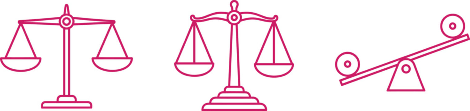 Justice balance scale icons set representing law fairness equality legal system judgment and decision making concepts
