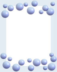 3D blue spheres and bubbles frame on light background with copy space