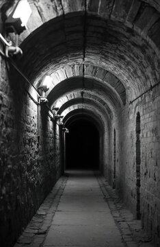 Long dark brick tunnel passage with arching ceiling and floor lights. Empty underground corridor receding into blackness. Historic stone architecture, ancient fort interior.