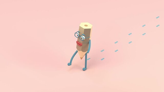 Cute cartoon pencil character walking on pink background animation with dashed line