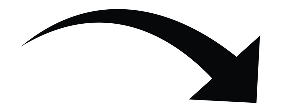 A single black downward curved arrow icon . Arrow dynamic falling pointers and motion direction symbols for infographic design. This arrow isolated on white background. Vector illustration.