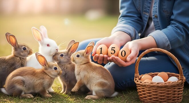 Close-up of Person Holding Number 150 Blocks Surrounded by Cute Rabbits