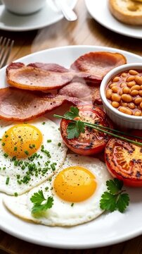 A vibrant and appetizing close-up of a delicious, steaming breakfast spread, meticulously arranged on a clean white plate. The focal point includes two perfectly fried eggs with rich, golden, runny yo