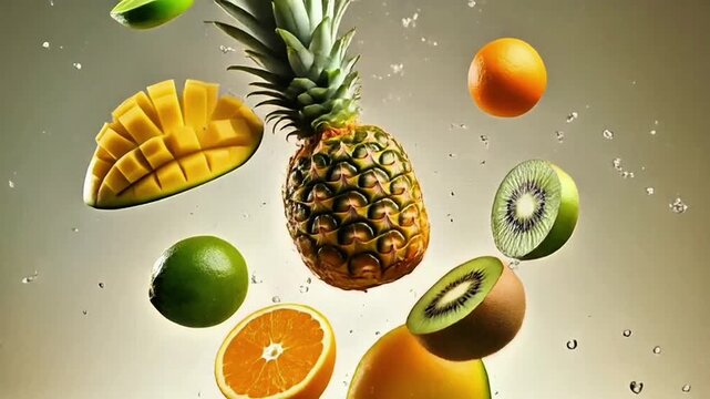 Dynamic splash of fresh tropical fruits frozen in mid-air, bursting with vibrant colors and refreshing water droplets