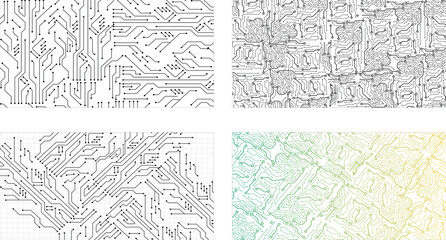 Obraz premium Collection of striped circuit board seamless technology patterns. Vector illustrations of circuit board. Cyber high-tech textures