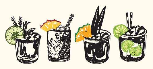 Vintage Cocktail Illustration Set with Hand Drawn Glasses and Citrus Garnish
