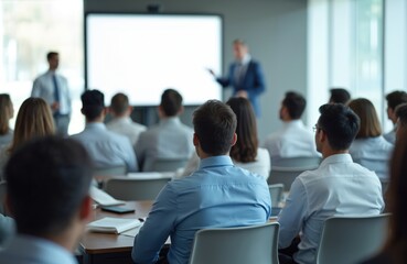 Fototapeta premium Man speaks at corporate meeting. Employees listen attentively in conference room. Audience attends presentation event. Business people gather for annual report discussion.