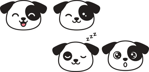 Cute Panda Dog Face Emotions Set with Happy Sleeping and Surprised Expressions Isolated on White Background Flat Vector