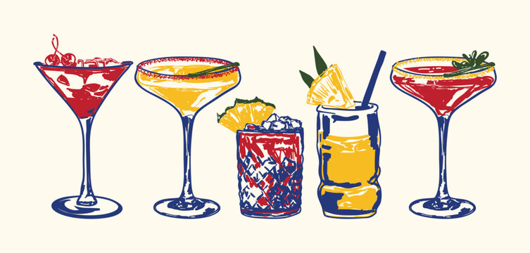 Festive Colorful Cocktail Drink Illustration Set with Citrus Garnish