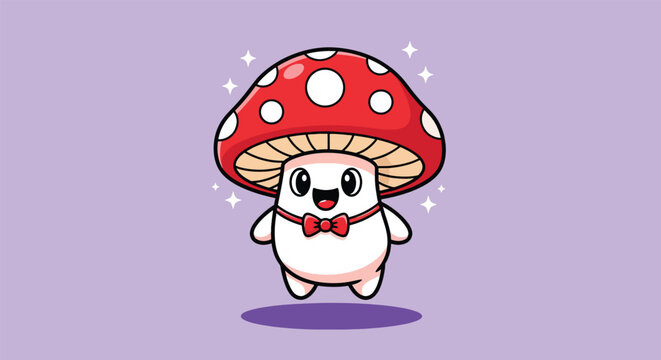 Cute Mushroom Character with Red Cap and Bow Tie Vector Illustration.