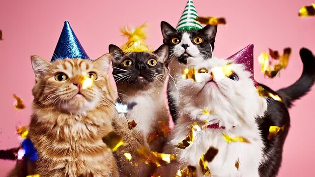 Cute Cats Wearing Party Hats, Funny Birthday Celebration Pets