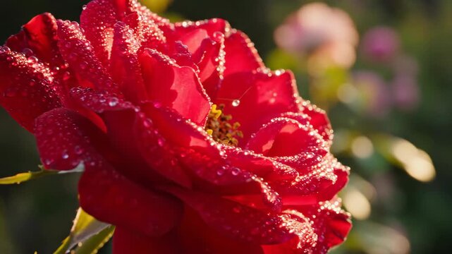 Close-up of a vibrant red rose with water droplets in the garden.
