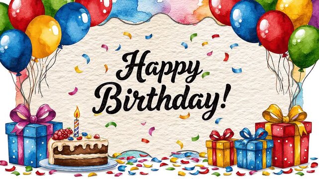 Happy Birthday Greeting Card with Confetti, Balloons and Gifts, Party Template