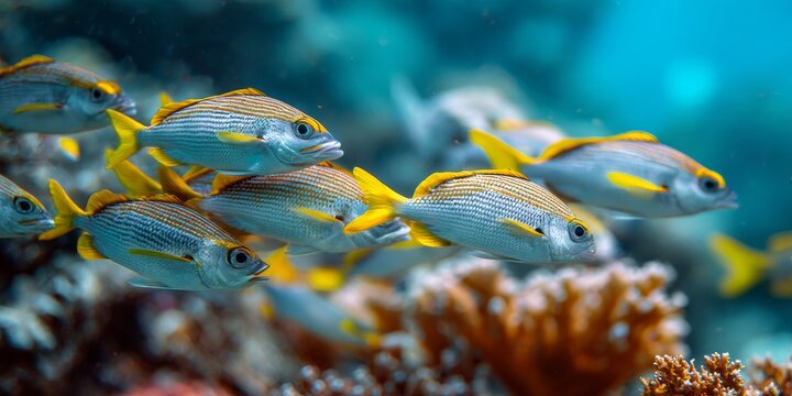 French grunt fish swimming over coral reef in turquoise water