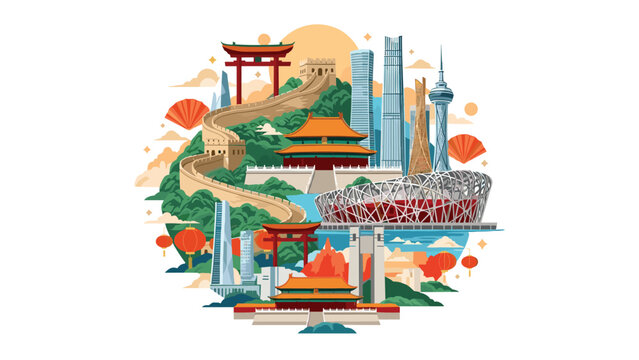 Circular collage of famous Chinese landmarks and cultural symbols including the Great Wall, temples, and modern architecture.
