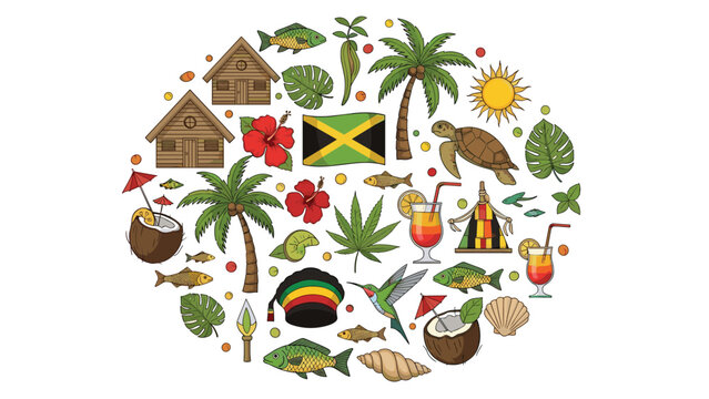 Circular collection of colorful icons representing Jamaican culture, nature, and travel, including the flag and palm trees.
