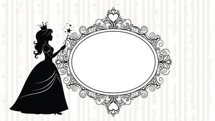 Naklejka premium Elegant silhouette of a fairytale princess holding a magic wand next to an ornate vintage frame for text or photos.