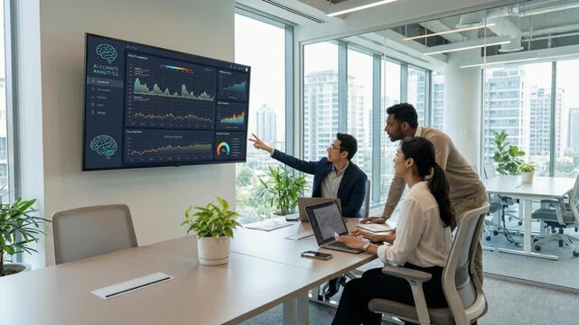Ai for small business team reviews climate analytics dashboard during office presentation showing heat map chart and data visualizations with laptop