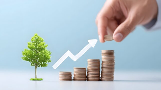 A hand meticulously adds a coin to ascending stacks of money visually depicting financial growth investment strategies and accumulating wealth